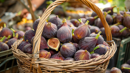 Photograph a basket overflowing with ripe figs, a naturally sweet fruit - obrazy, fototapety, plakaty
