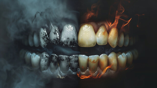 Transformation of a smoker's teeth before and after dental cleaning, depicted against a dark, moody background to emphasize change