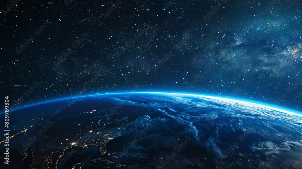 Poster stunning high-resolution view of earth's horizon from outer space with stars