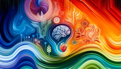 Vibrant brain art with heart and nature
