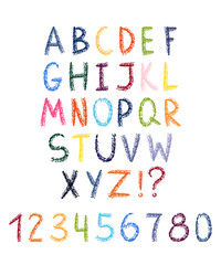 Hand drawn colored crayons alphabet and numbers. Vector illustration isolated on white.