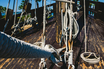 Ropes and rigging of an old caravel, ship of medieval explorers.
