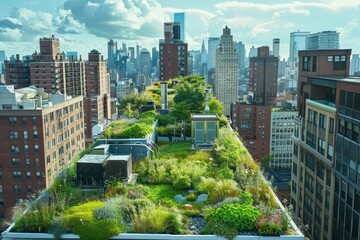 Obraz premium Lush Rooftop Oases Transforming the Urban Landscape with Sustainable Green Spaces