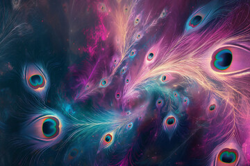 fractal background with peacock, Behold the mesmerizing allure of a beautiful and colorful abstract peacock feather background, adorning your screen like a regal tapestry