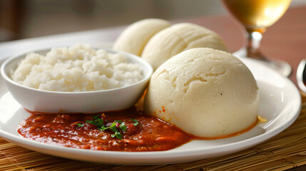 Savory congolese fufu and spicy peanut sauce with white rice on a rustic wooden table