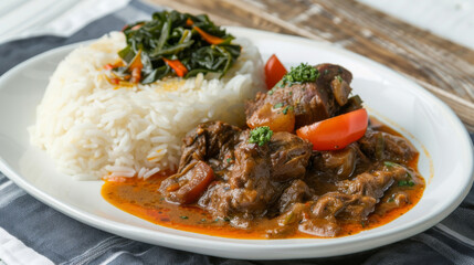 Authentic congolese goat stew served with white rice and sautéed spinach on a white plate, capturing the flavors of africa