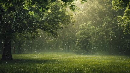 Tranquil Rainforest Scene with Lush Foliage and Falling Droplets