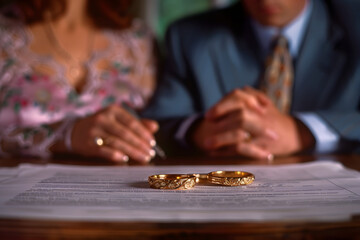 Close-up of wedding rings on a document with couple in the background. Marriage contract concept. Design for poster, legal services advertisement