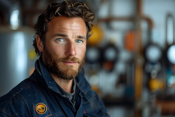 Portrait of a bearded man in workwear in a workshop environment. Professional craftsmanship and industrial work concept for promotional materials and profiles