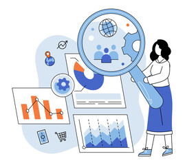 Market research. Vector illustration. Analyzing market trends helps businesses identify growth opportunities Effective promotion strategies are based on market research insights E-commerce