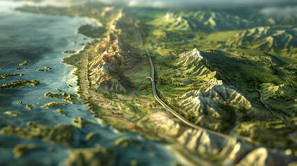 Highly detailed fantasy landscape with mountains, valleys, and a coastal road. Realistic 3D rendering concept. Design for poster, wallpaper, gaming background