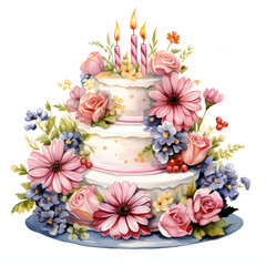 a beautiful delicious looking many flowers on birthday cake, watercolor illustration.