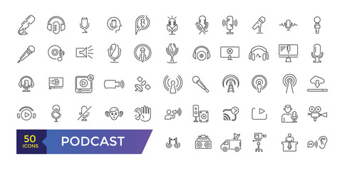Podcast and Audio icon set. Podcasting, broadcasting and entertainment icons.