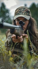 Fototapeta premium A woman is holding a gun and wearing a camouflage hat