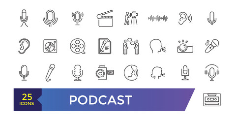 Podcast and Audio icon set. Podcasting, broadcasting and entertainment icons.