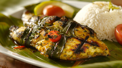Authentic congolese cuisine featuring grilled fish wrapped in banana leaves, served with rice, tomato, and avocado on a wooden table