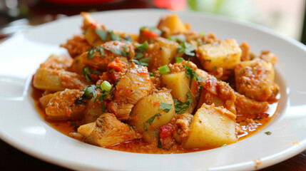 Fototapeta premium Traditional congolese chicken and potato stew with fresh herb garnish, presented on a white platter