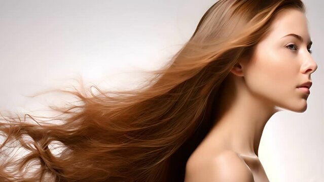 Portrait of a young beautiful woman model with hair posing swinging head from side to side