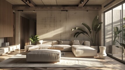 A living room with a white couch and a plant. The room is very clean and has a modern feel