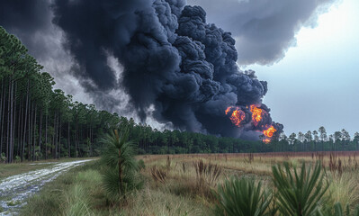 Large fire burns in field with large plume of smoke