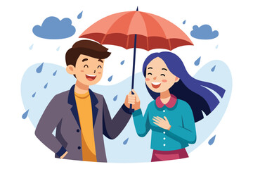 Couple sharing an umbrella in the rain, vector cartoon illustration.