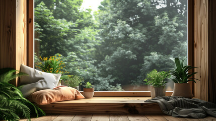 person relaxing in the garden. Tranquil Wooden Windowsill Retreat: Relaxation Area with Cozy Cushions and Greenery - Perfect for Home Interior Inspiration