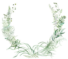 Round frame with Watercolor fern twigs with green leaves isolated illustration, botanical wedding © katrinshine