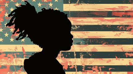 African American Woman Silhouette Against Grunge American Flag Background