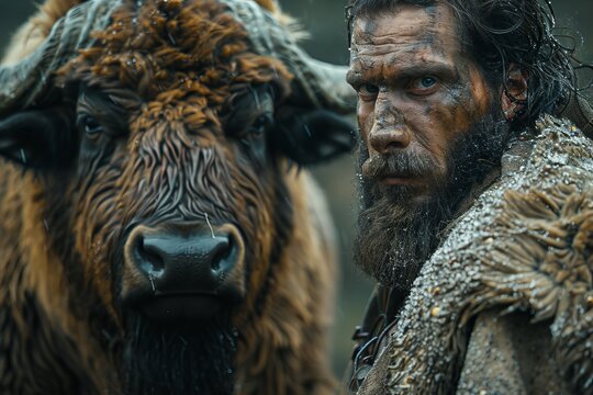 This intense close-up captures the raw power of a Highland cow face to face with a rugged warrior