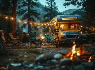 Camper van parked in the forest at night with campfire and chairs set up