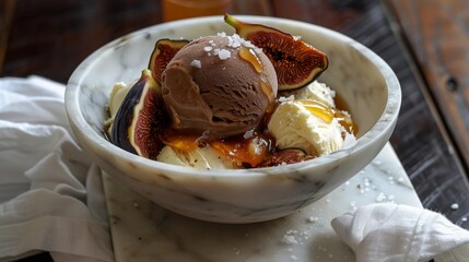 Gourmet Vanilla and Chocolate Ice Cream with Fresh Figs Dessert Bowl