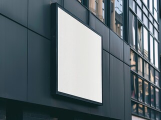 Black square sign hanging on the wall of modern building, blank white screen for design mockup template. Flat lay advertising billboard concept with copy space