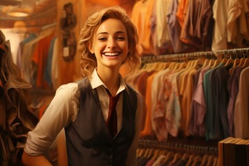 Fototapeta premium Friendly Smiling saleswoman in city. Confident positive sales clerk lady. Generate ai