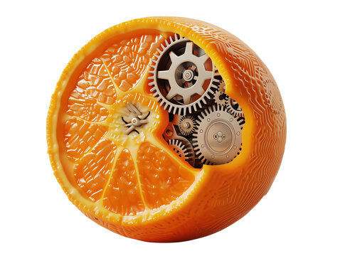 This image shows an orange with a clockwork mechanism inside