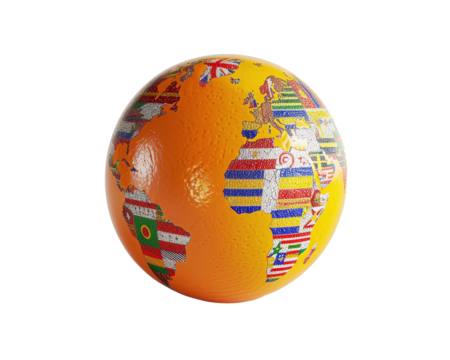 This is an orange with flags of different countries on it.