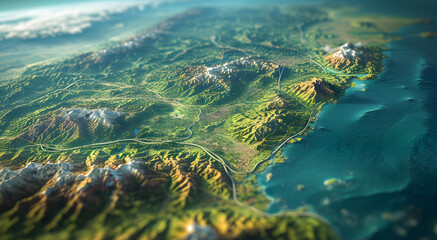 Coastal landscape with mountains and ocean. High-detail aerial view digital illustration. Nature and travel concept for poster, wallpaper, and banner design