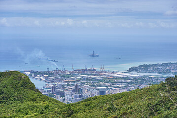 Aerial view of the city and capital of Port-Louis, Mauritius, Africa.