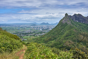 Aerial view of Mauritius island from the top of the mountain, Africa