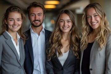 A group of four young professionals smiling confidently at the camera, dressed in business attire