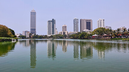 Skyline of Colombo with Gangaramaya Park, Colombo, Sri Lanka.