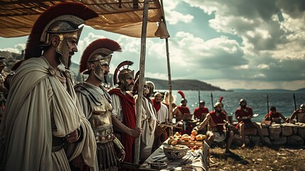 The daily life of Ancient Greece, captured in editorial photography style, showcasing reenactments of classical activities for a cultural magazine