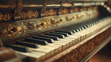 The delicate details of a harpsichord, displayed in magazine photography style, focusing on the keys and ornate decorations, capturing the essence of this timeless instrument