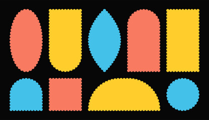 Geometric wavy border for text social media posters. Trendy retro y2k wave edge shapes. Simple Frame curved rectangle circle square set. Colorful Textbox isolated on black background