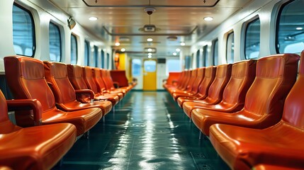 Fototapeta premium The layout of a ferry's passenger seats, photographed in magazine style, highlighting the design and comfort features important for long sea trips