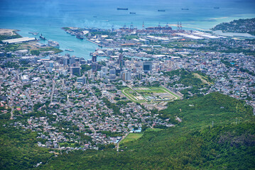 Aerial view of the city and capital of Port-Louis, Mauritius, Africa.