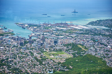 Aerial view of the city and capital of Port-Louis, Mauritius, Africa.