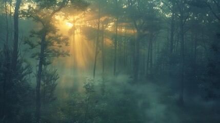 Wilderness at dawn, a serene documentary scene with soft morning light filtering through trees, perfect for nature-themed editorial spreads