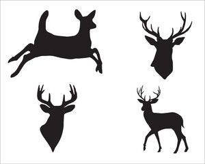 Graphic black silhouettes of wild deers, male, female and roe deer. Isolated on transparent.