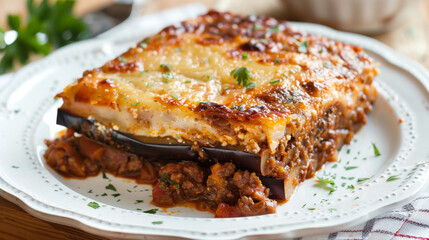 Traditional greek moussaka with layered eggplant, minced meat, b&eacute;chamel sauce, and herbs on a vintage white plate, rustic wooden background