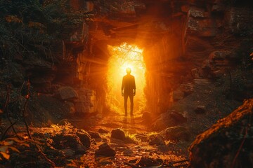 A dramatic image capturing a solitary man's silhouette against the majestic sunbeams illuminating a rugged cave entrance